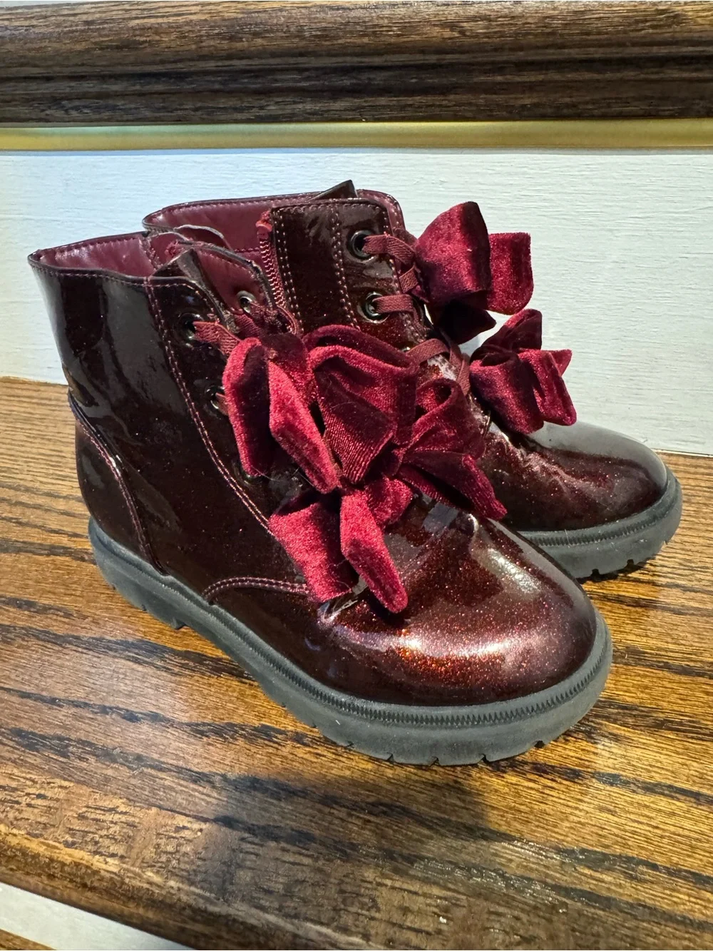 Girls Cat & Jack Burgundy Glitter Velvet Bow Ankle Boots